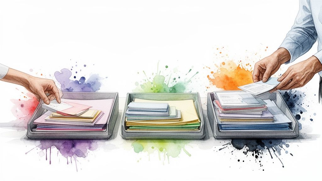 Manos clasifican documentos de colores en tres bandejas organizadoras, cada una con salpicaduras de acuarela.