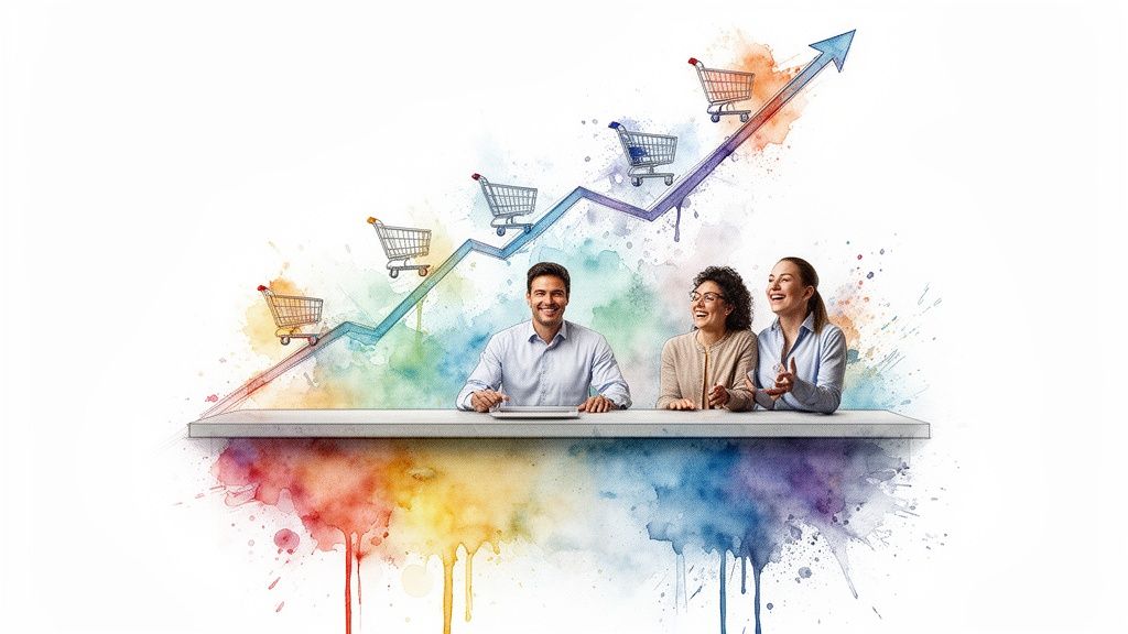 Tres personas sonrientes observan un gráfico ascendente con carritos de compra, simbolizando crecimiento de ventas.