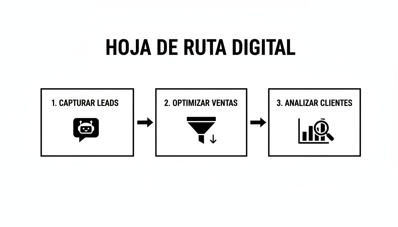 Hoja de ruta digital que muestra tres pasos clave: capturar leads, optimizar ventas y analizar clientes.