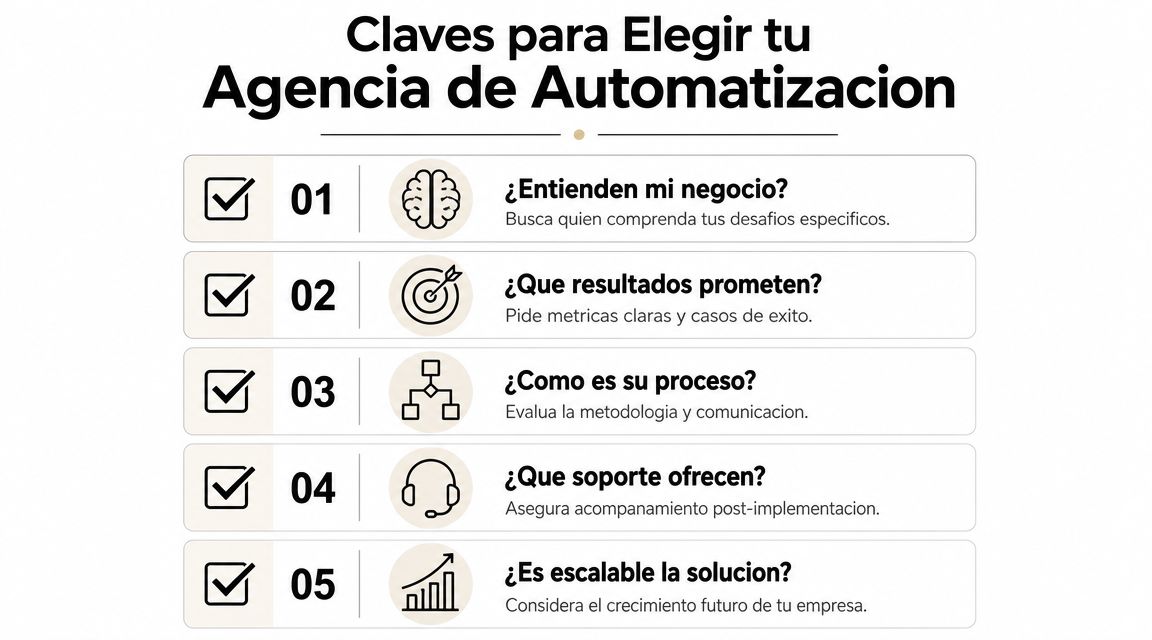 Infografía con cinco claves fundamentales para elegir una agencia de automatización de procesos para tu negocio.