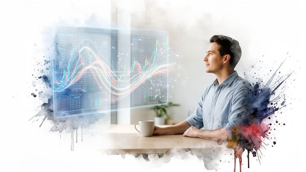 Un hombre en una camisa azul observa una pantalla holográfica con gráficos financieros y datos bursátiles, realzado con salpicaduras de acuarela.