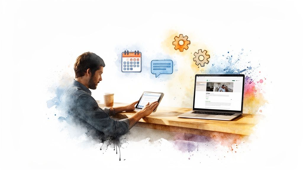 Hombre usando tablet y laptop en un escritorio, con iconos de calendario, chat y engranajes, simbolizando trabajo digital.