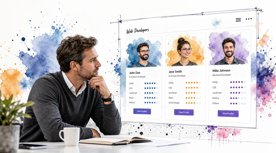 Un hombre reflexivo mirando una pantalla digital que muestra perfiles de programadores y expertos en desarrollo web.