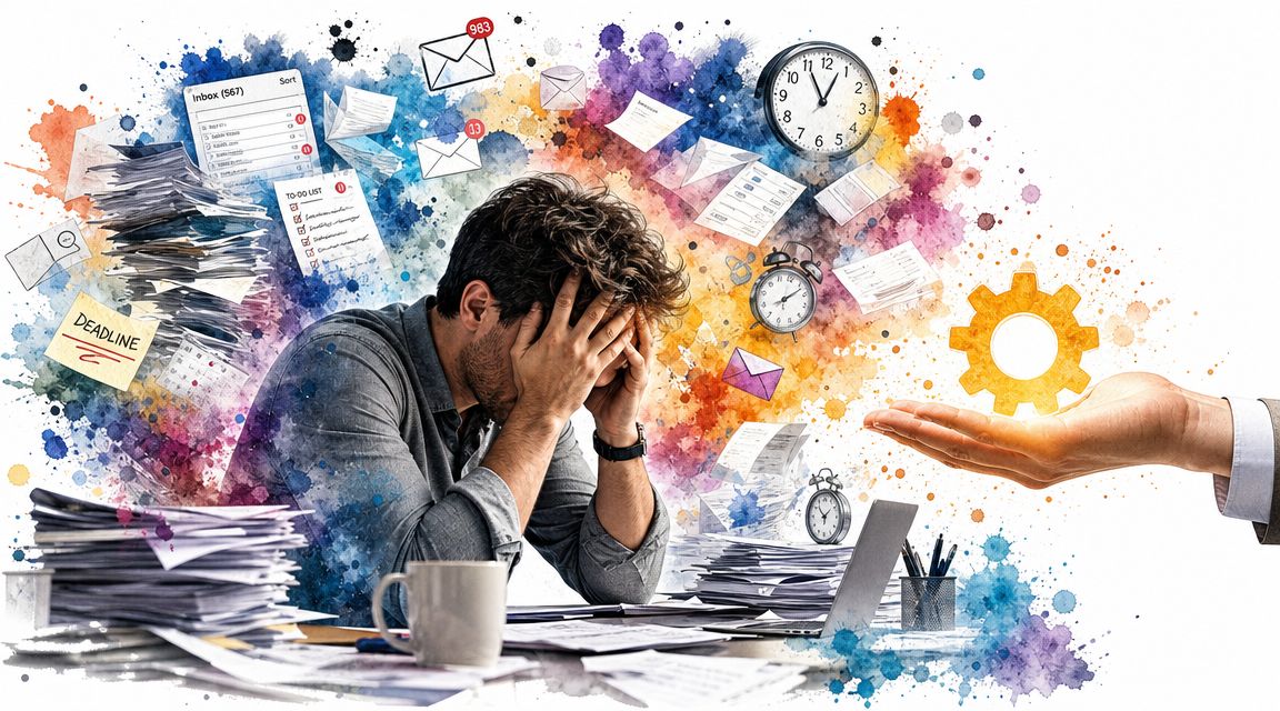 Hombre estresado trabajando abrumado por una gran carga de tareas, papeles, correos electrónicos y falta de tiempo.