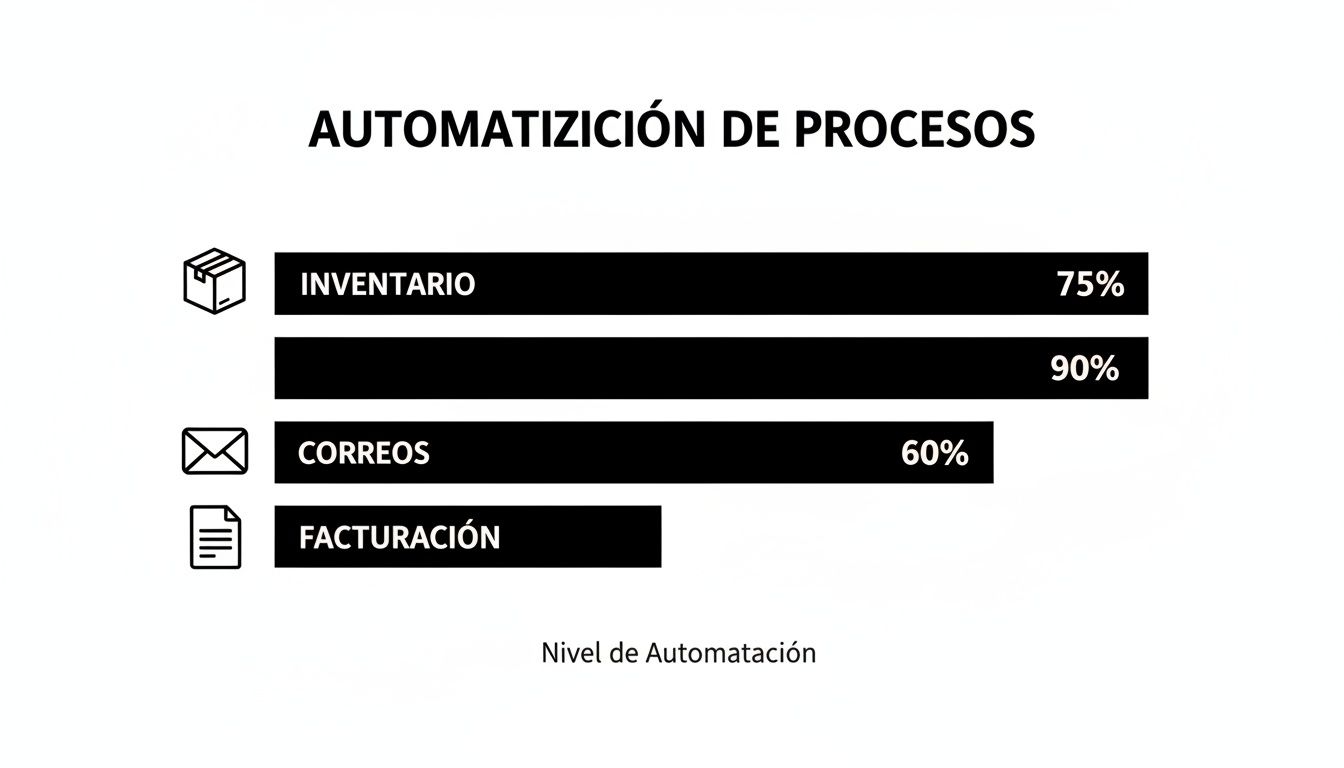 Un gráfico de barras que ilustra el nivel de automatización de procesos para inventario (75%) y correos (60%).