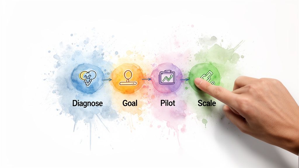 Una mano señala el último paso de un proceso de cuatro etapas: Diagnosticar, Objetivo, Piloto, Escalar, con íconos y manchas de acuarela.