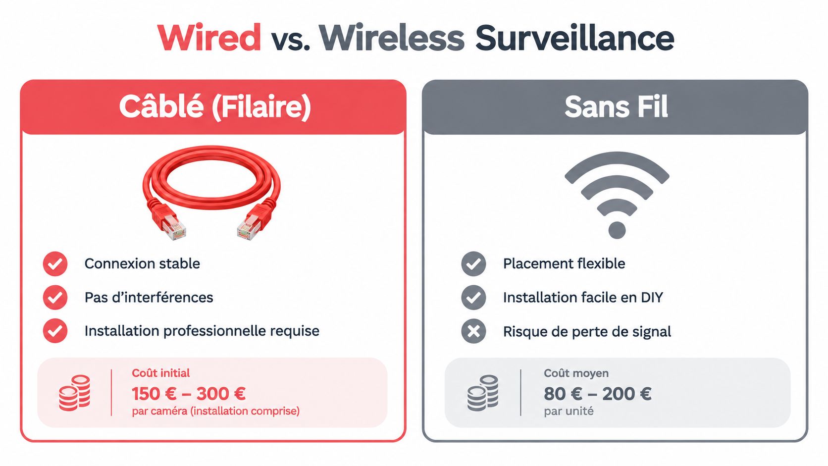 Tableau comparatif illustrant les avantages et coûts des systèmes de surveillance câblés et sans fil.