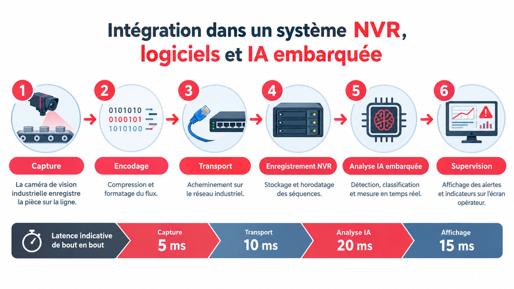 Schéma illustrant les six étapes d'intégration d'une caméra de vision industrielle dans un système NVR avec IA.