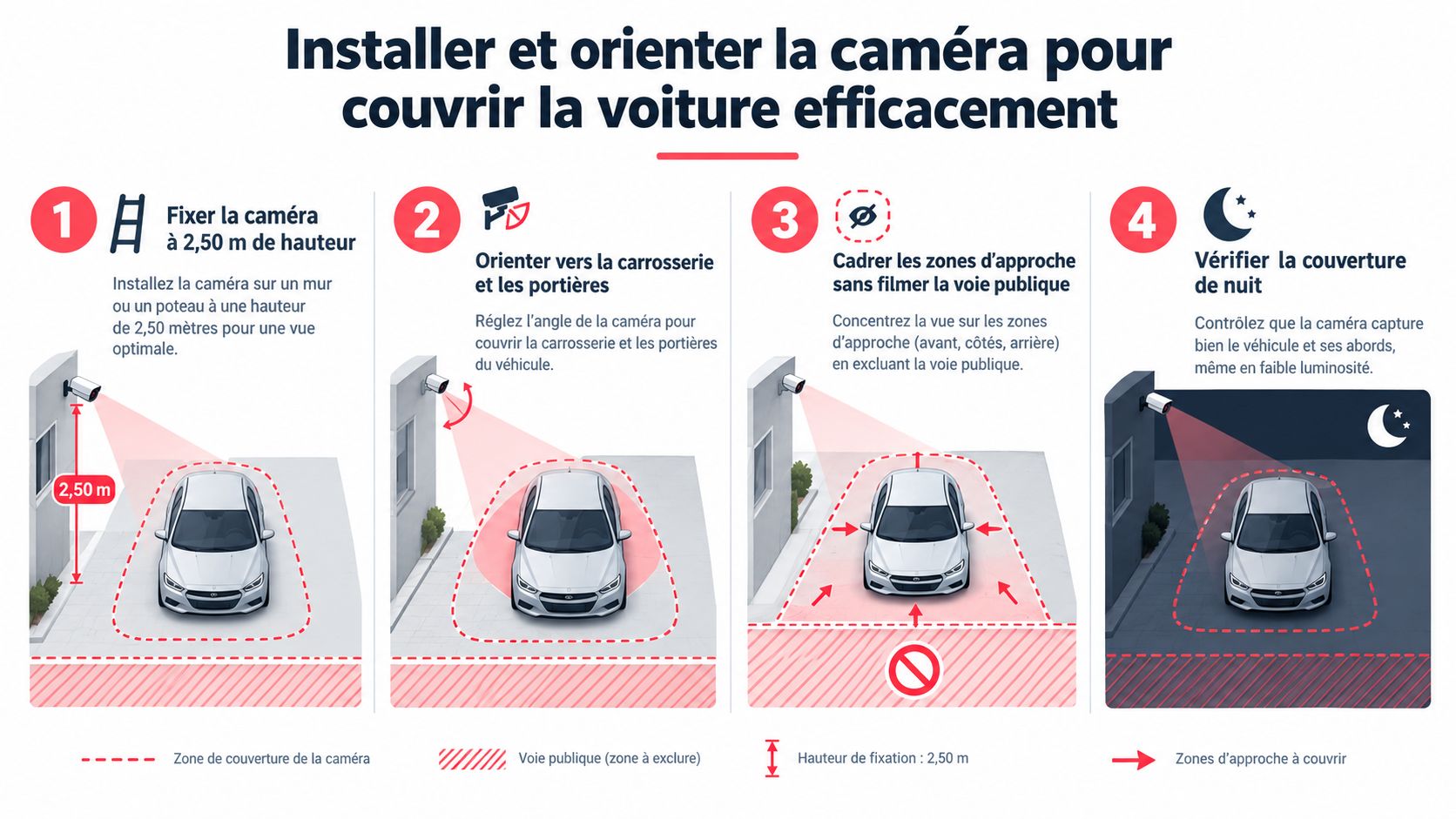 Infographie montrant les quatre étapes pour installer et orienter efficacement une caméra de surveillance vers une voiture.