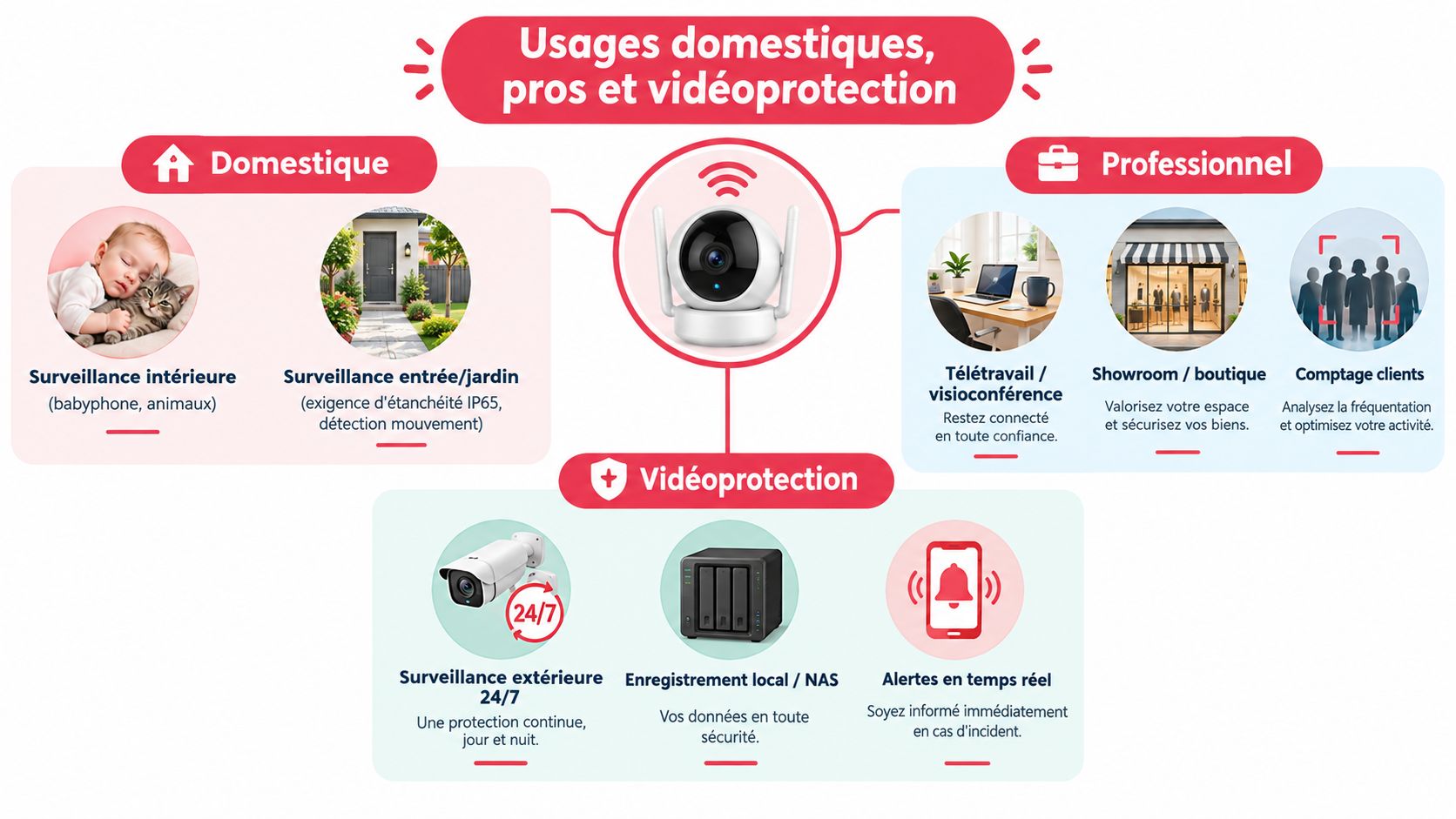 Infographie montrant les diverses utilisations des caméras de surveillance pour les particuliers, les professionnels et la vidéoprotection.