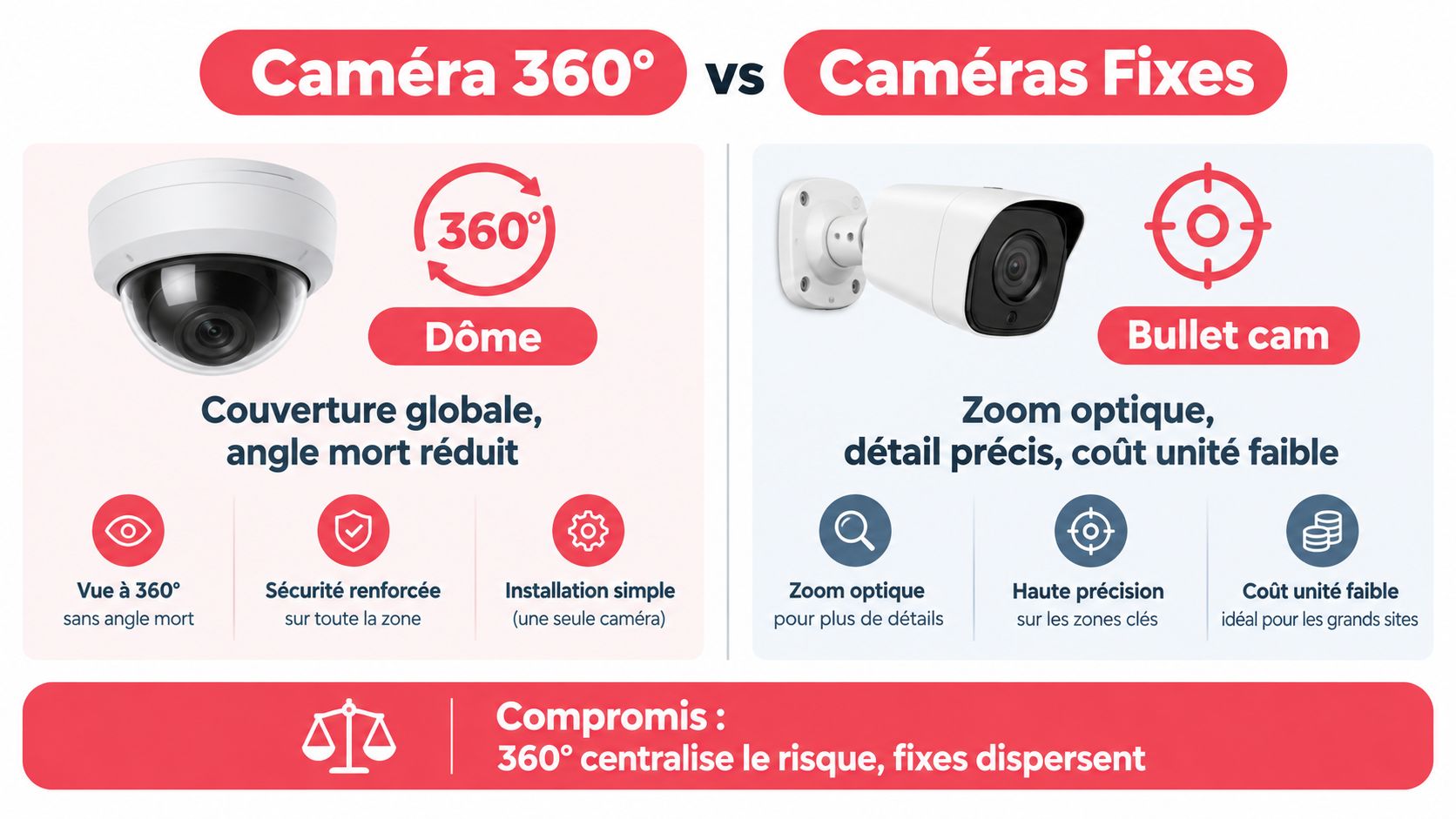 Comparaison entre caméra dôme 360 degrés et caméras fixes bullet pour la vidéosurveillance professionnelle.