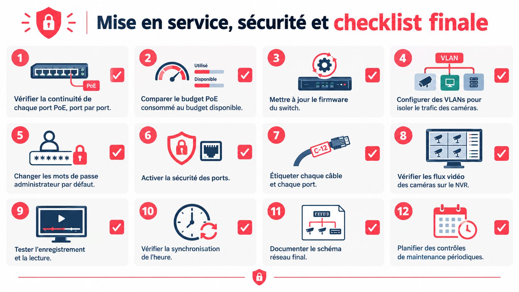Une liste de contrôle illustrée pour la mise en service et la sécurisation d'un système réseau PoE.