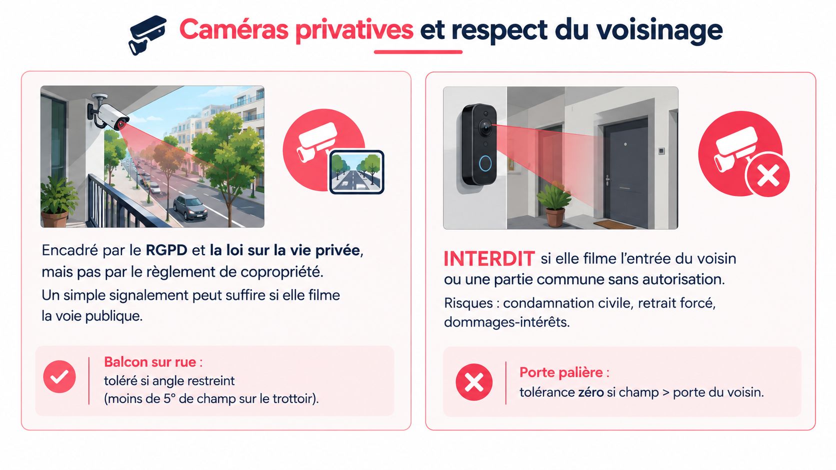Infographie illustrant les règles juridiques concernant l'installation de caméras de surveillance privées dans une copropriété.