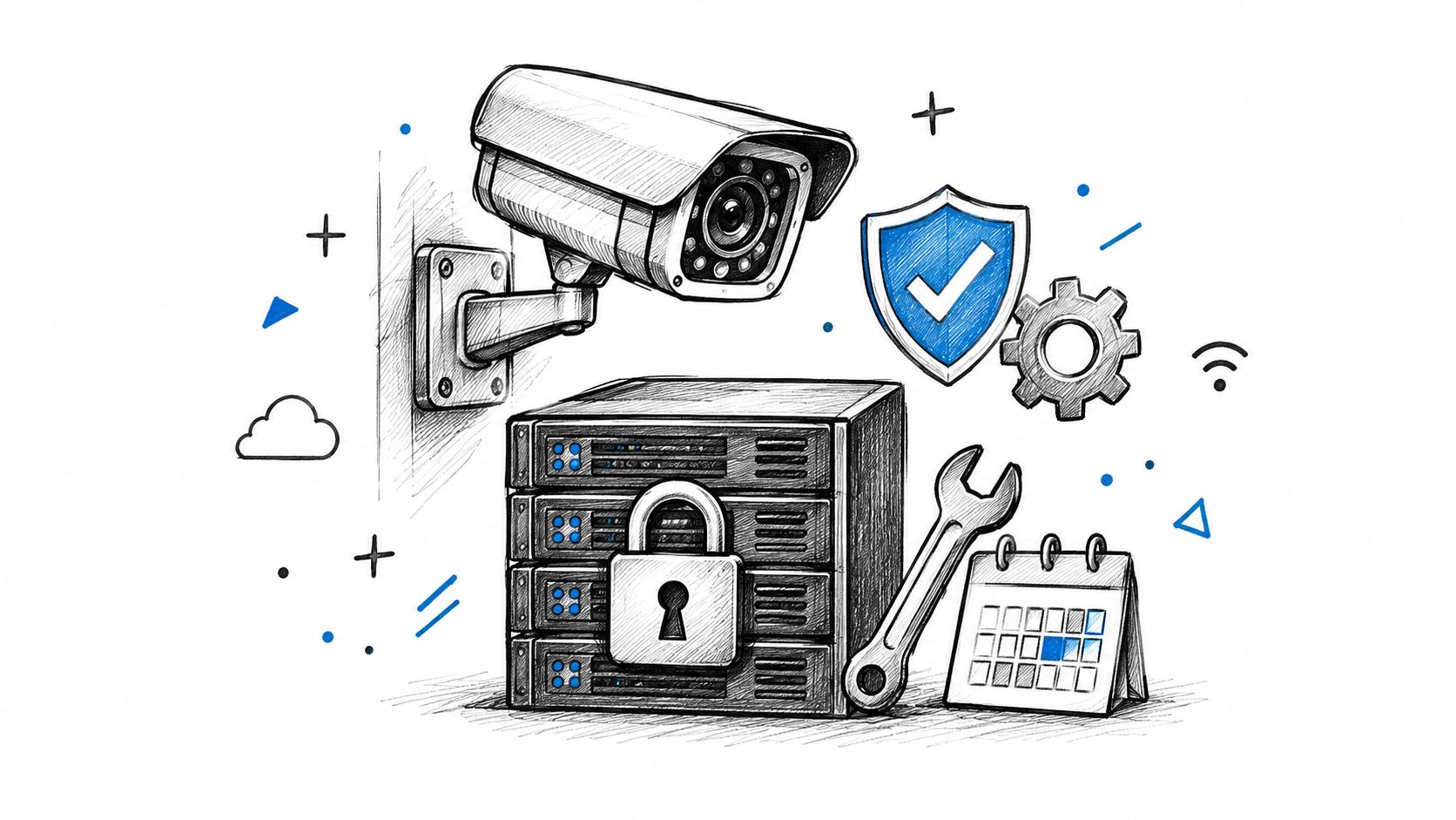 Une illustration conceptuelle montrant une caméra de surveillance, un serveur sécurisé, un calendrier et des outils de maintenance.