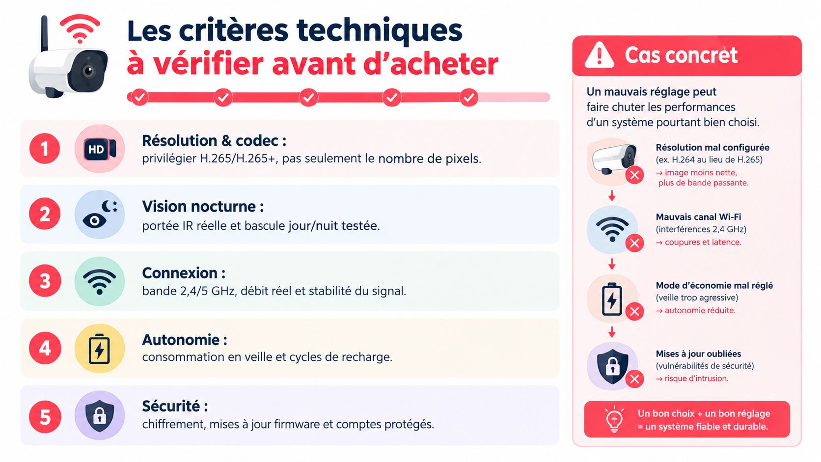 Infographie détaillant les critères techniques essentiels pour choisir une caméra de surveillance sans fil performante.