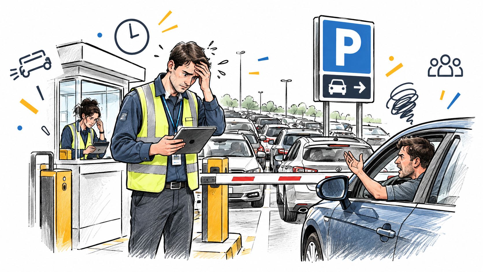 Un agent de parking stressé devant une longue file d'attente de voitures à l'entrée d'un stationnement.