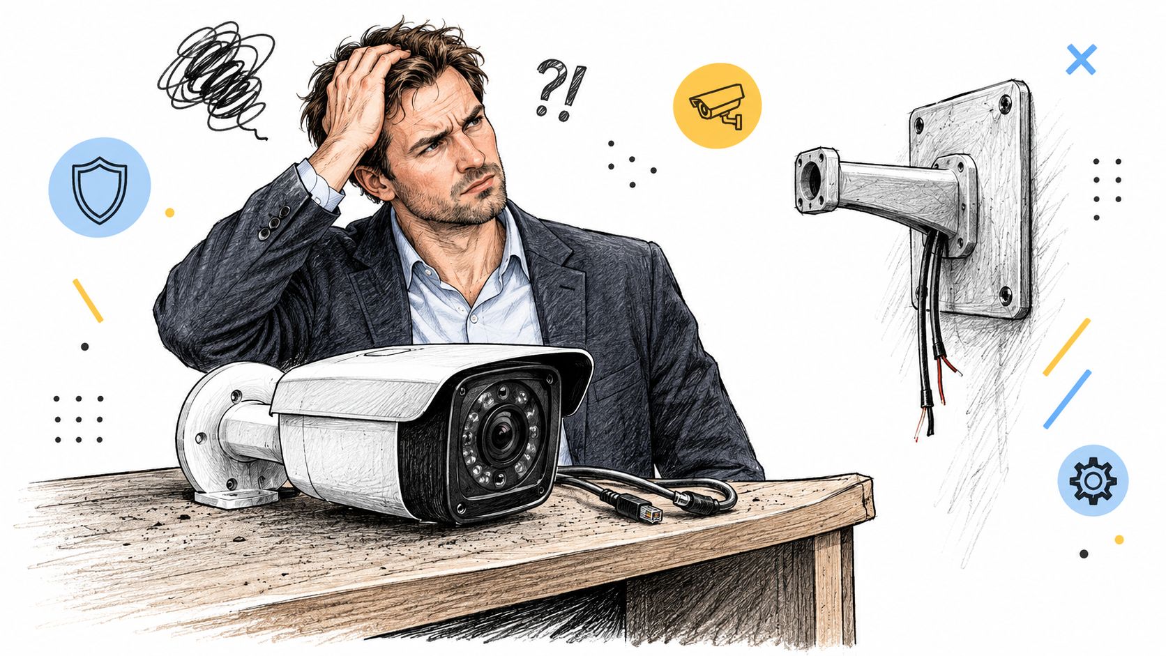 Un homme d'affaires perplexe devant une caméra de surveillance non installée sur son bureau.