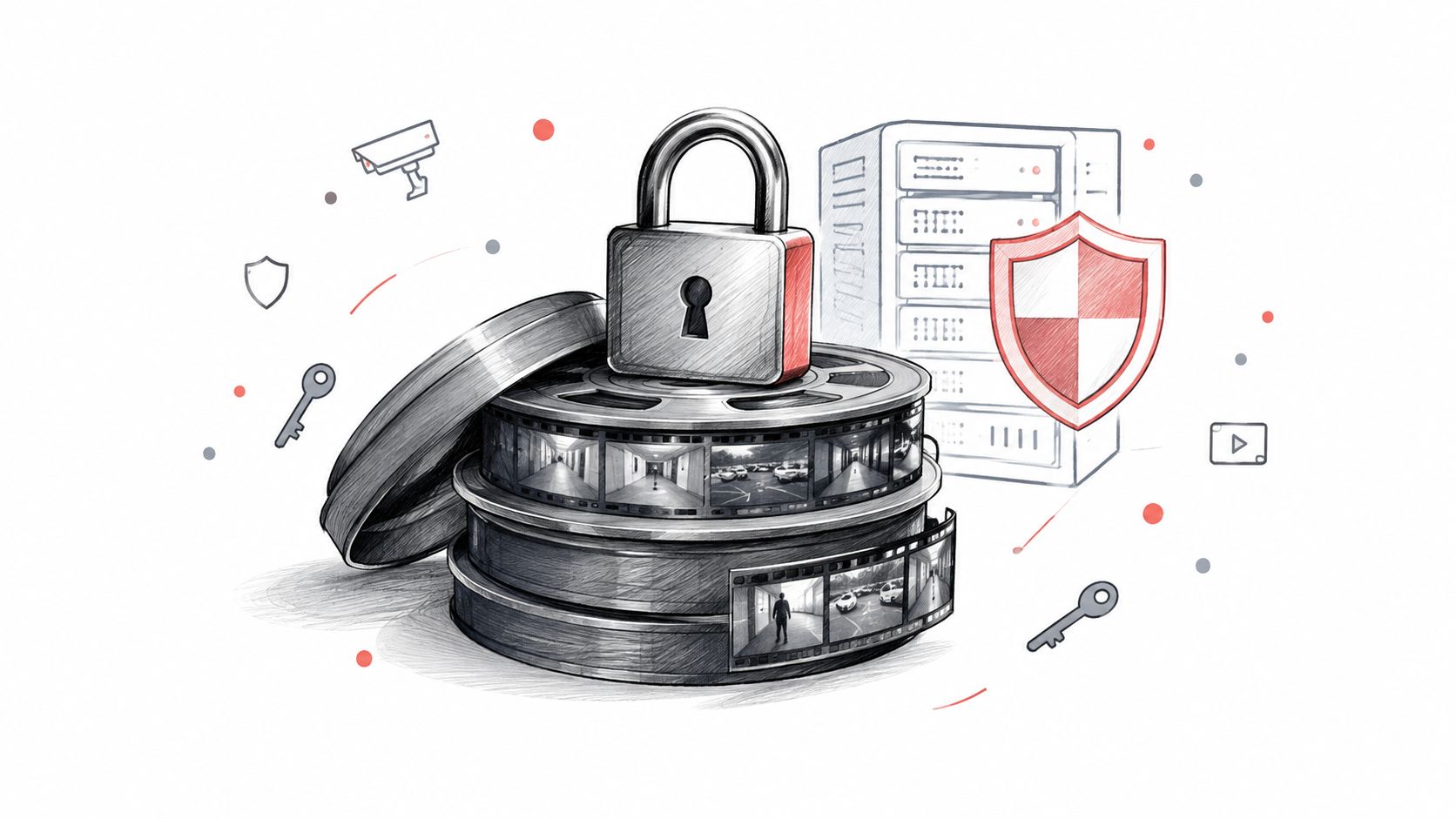 Un cadenas et un bouclier protègent des bobines de films de vidéosurveillance devant un serveur de stockage informatique.
