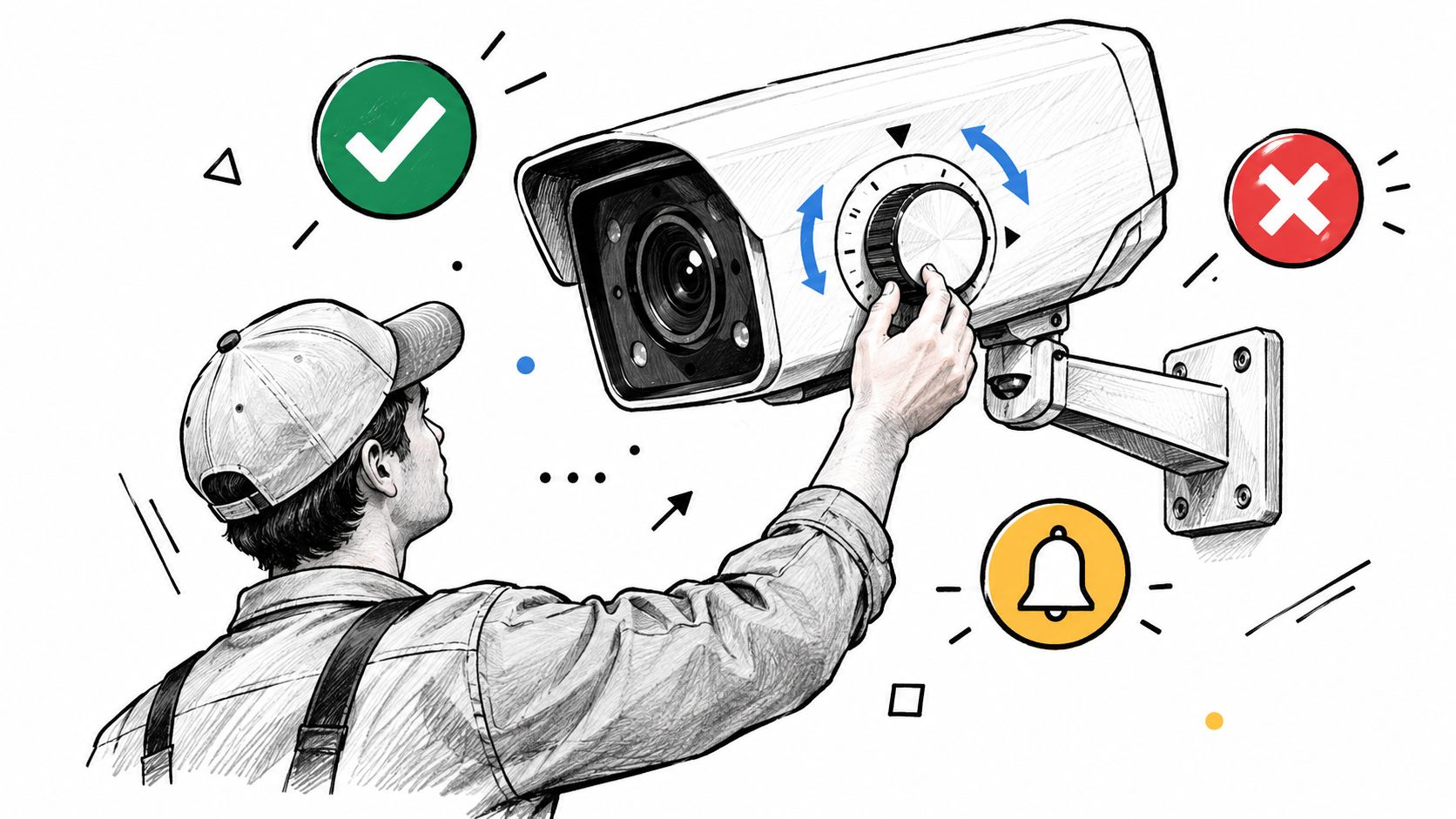 Un technicien ajuste manuellement une caméra de surveillance murale pour optimiser le champ de vision du magasin.
