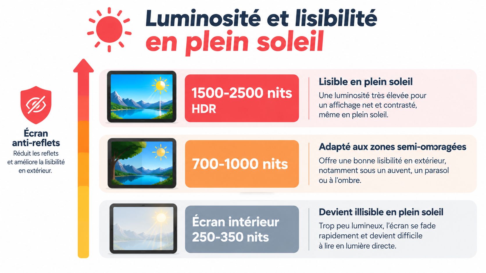 Infographie comparant la lisibilité des écrans extérieurs selon le niveau de luminosité mesuré en nits.