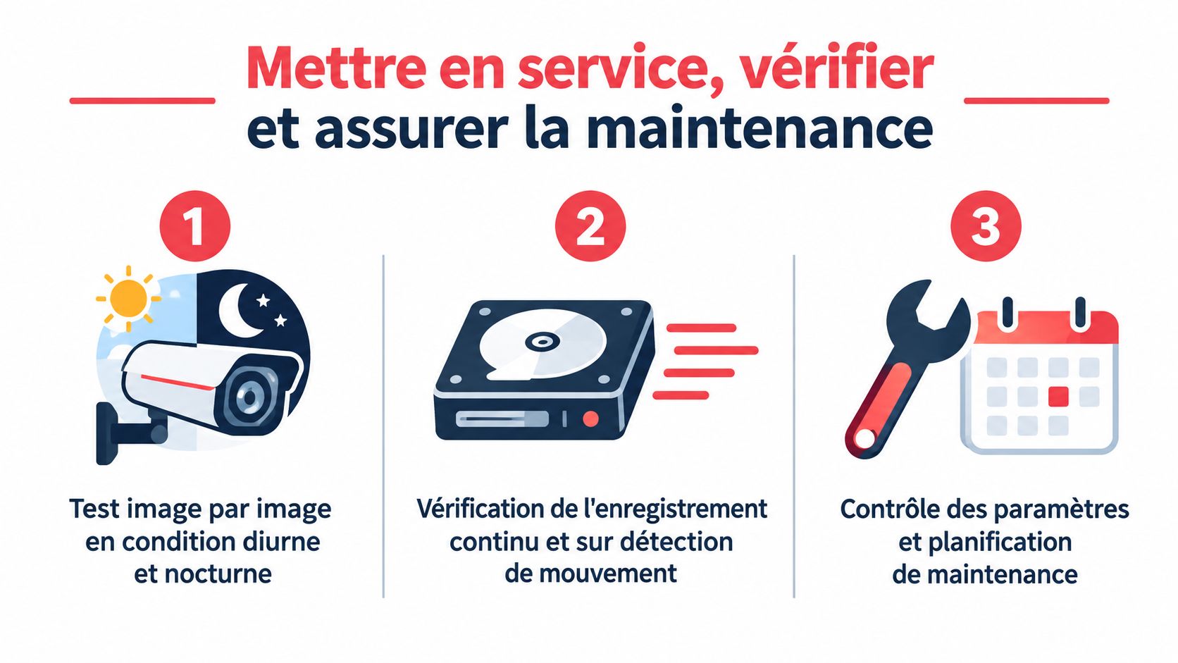 Une infographie montrant trois étapes de mise en service et de maintenance d'un système de vidéosurveillance.