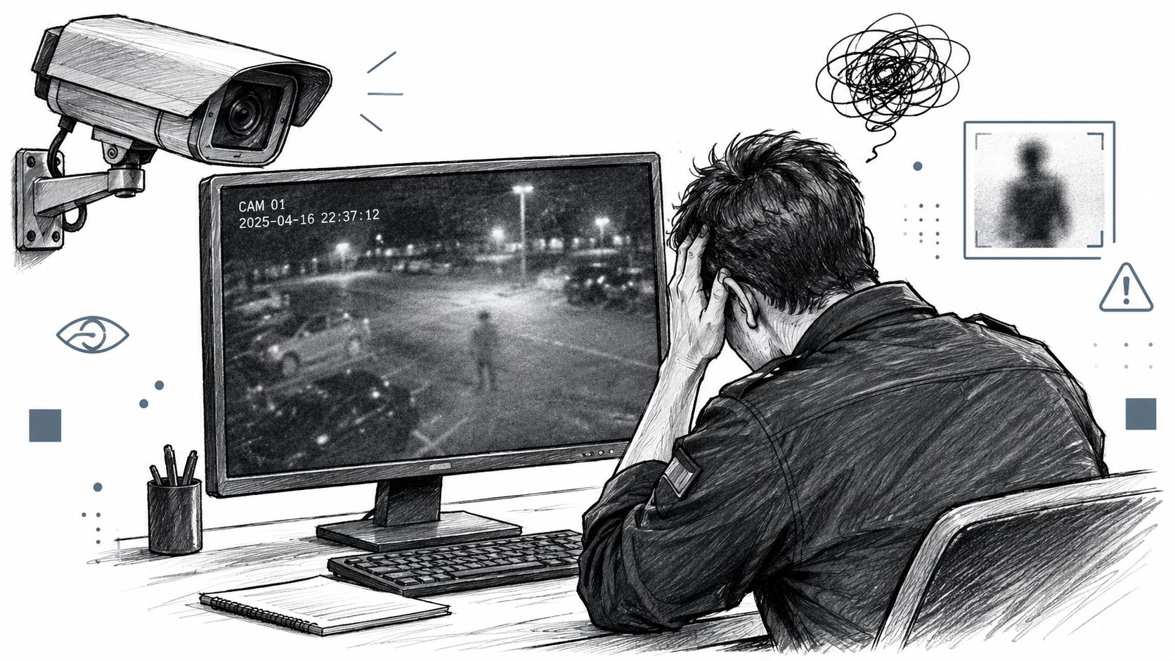 Un agent de sécurité stressé regarde une silhouette suspecte sur l'écran d'un système de vidéosurveillance haute définition.