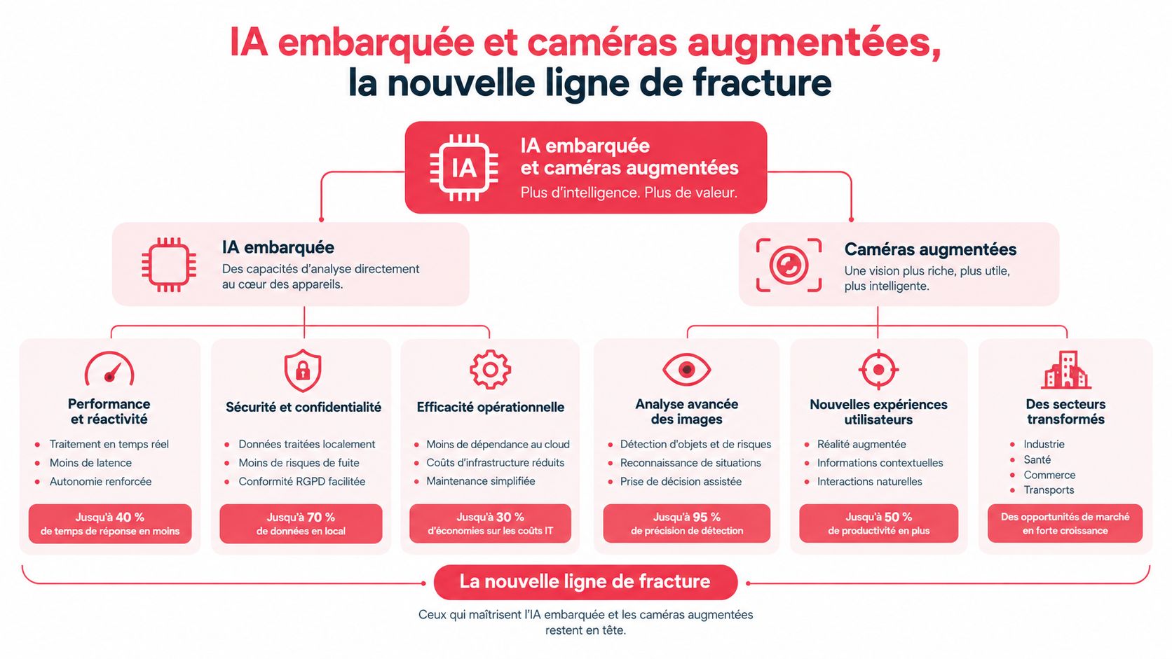 Infographie illustrant les avantages de l'IA embarquée et des caméras augmentées pour la transformation numérique des entreprises.