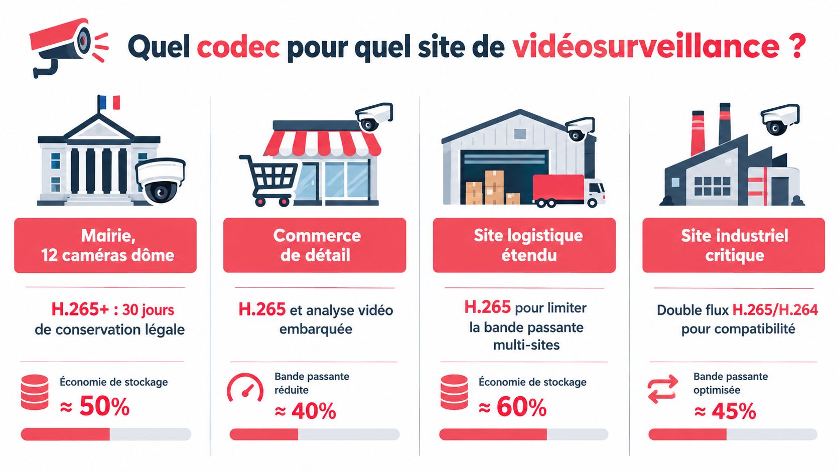 Infographie comparant les choix de codecs vidéo pour divers sites de vidéosurveillance selon leurs besoins spécifiques.
