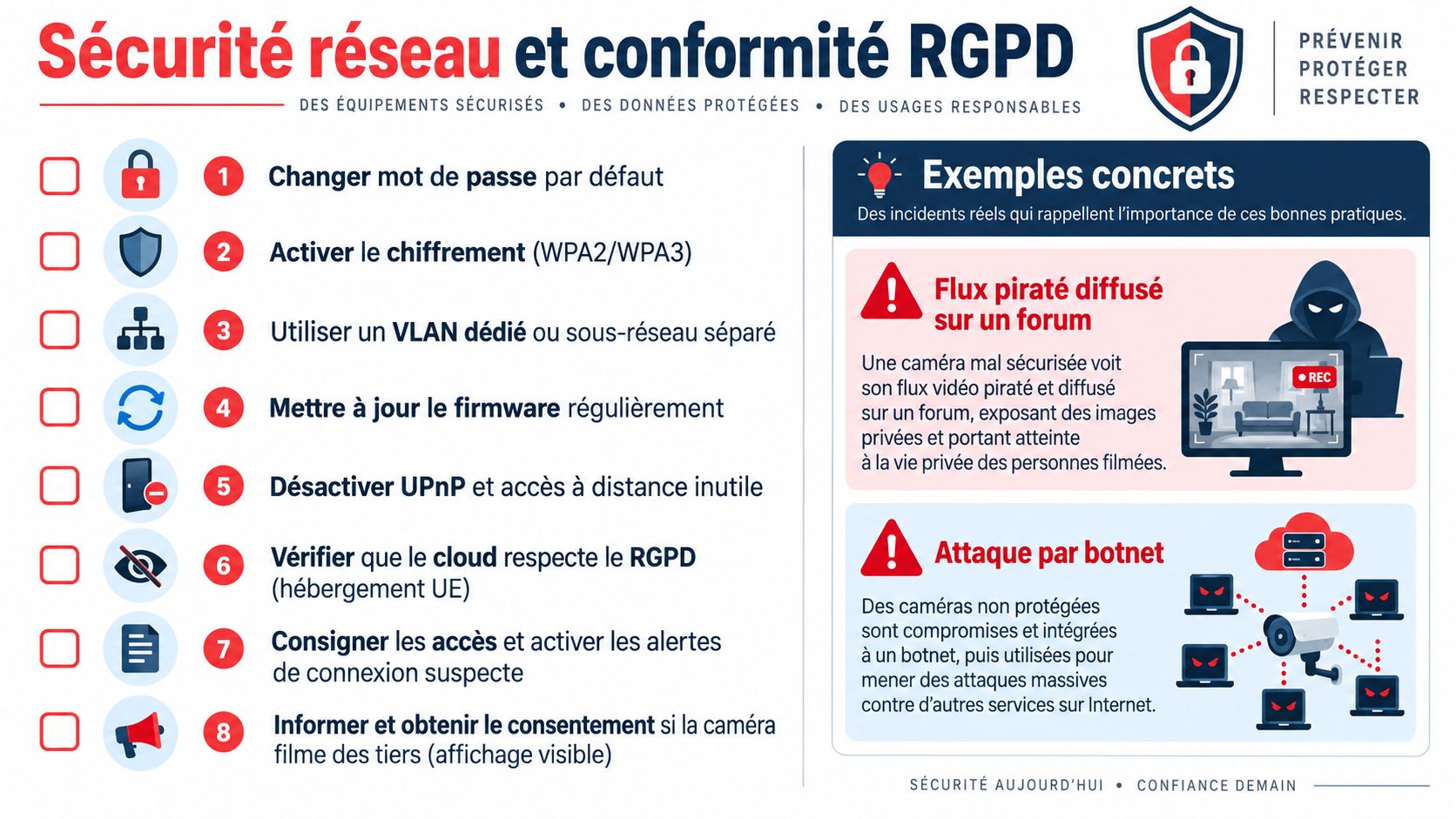 Infographie illustrant huit bonnes pratiques essentielles pour sécuriser les caméras réseau et garantir la conformité au RGPD.