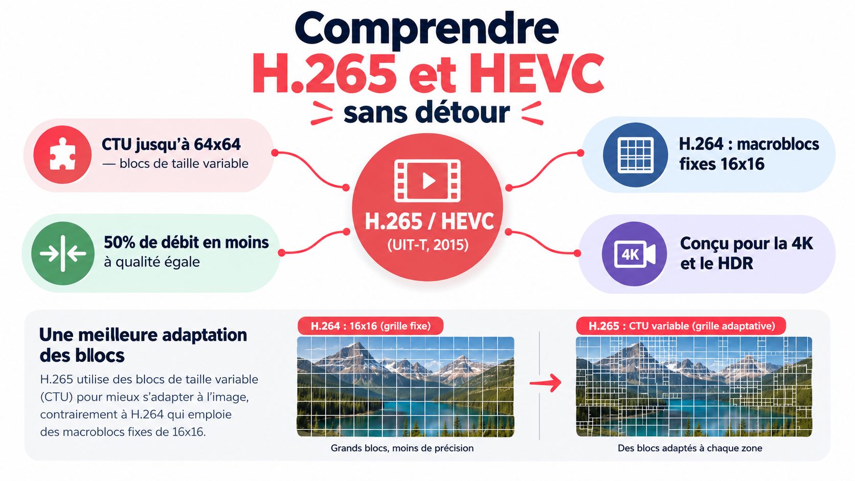 Infographie explicative comparant les différences de compression vidéo entre le standard H.264 et le format H.265 HEVC.