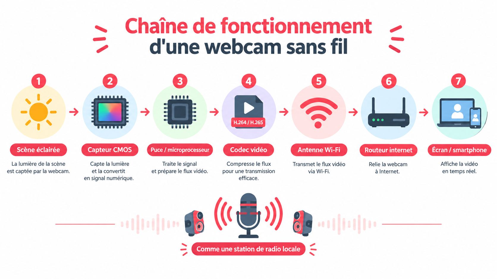 Schéma illustrant les sept étapes du fonctionnement technique d'une webcam sans fil, du capteur à l'affichage final.