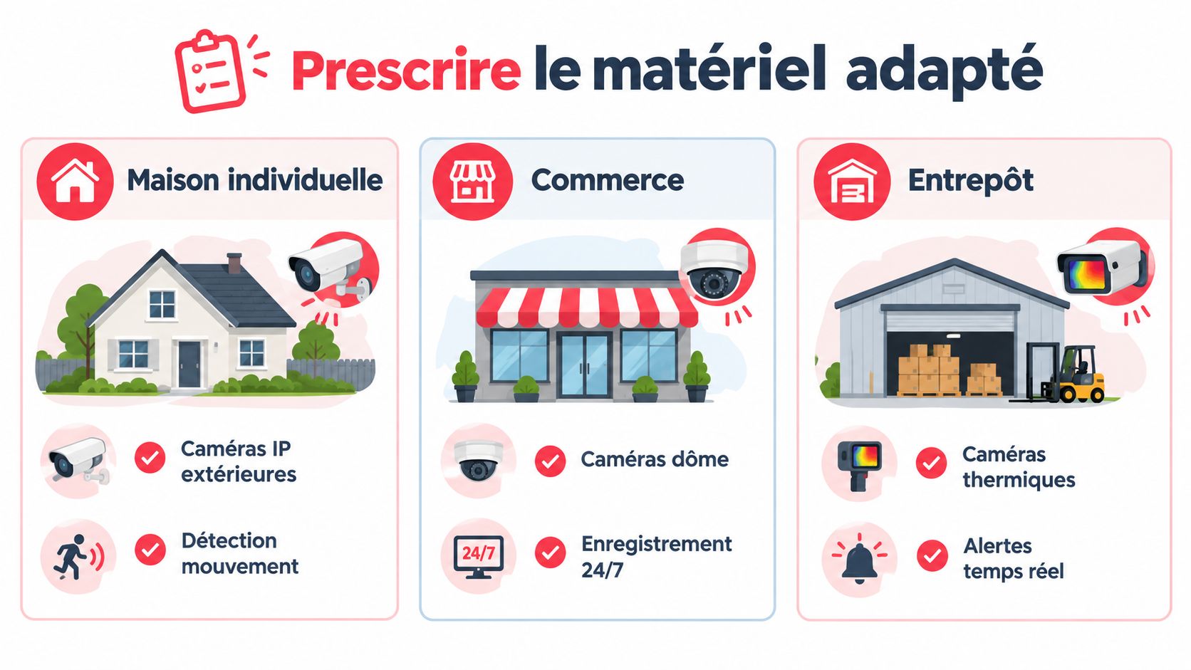 Infographie illustrant les solutions de vidéosurveillance adaptées pour les maisons, les commerces et les entrepôts industriels.