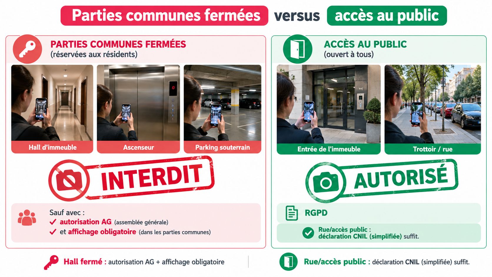 Infographie illustrant la législation sur la vidéosurveillance en copropriété entre parties communes privées et espaces publics accessibles.