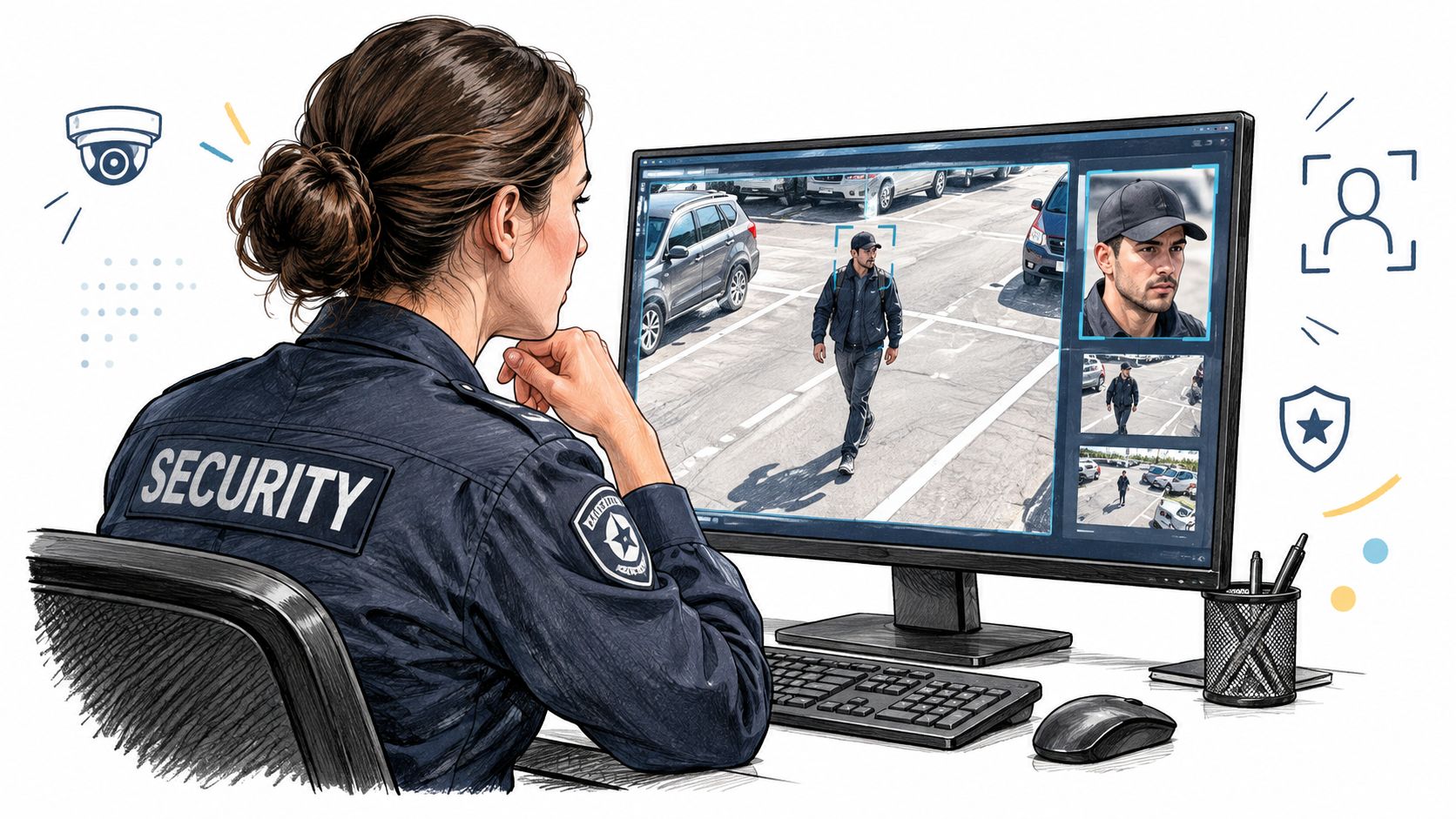 Une agente de sécurité surveillant un parking via un écran affichant une technologie de reconnaissance faciale avancée.