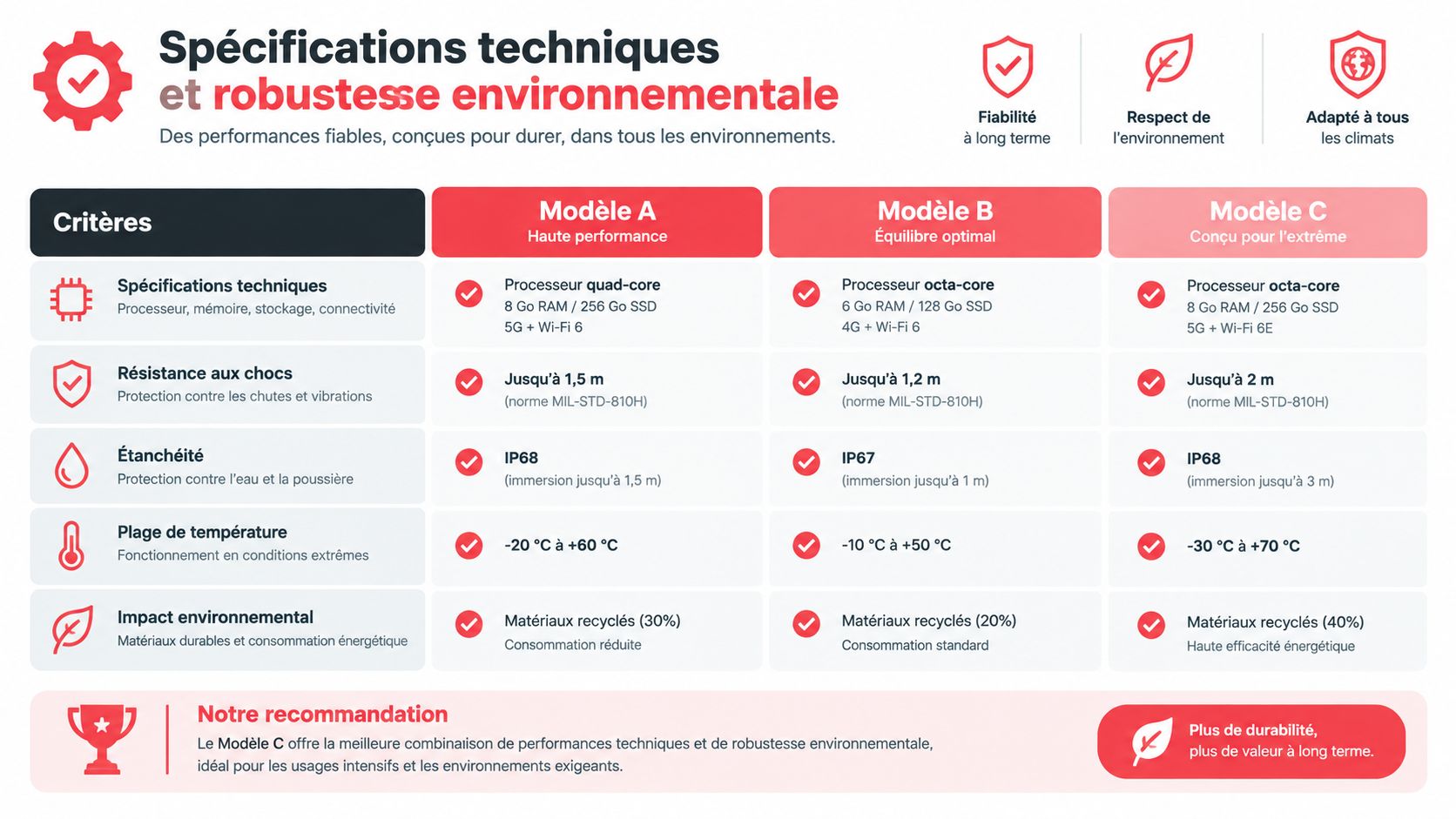 Tableau comparatif des caractéristiques techniques, robustesse et impact environnemental de trois modèles d'appareils électroniques professionnels.