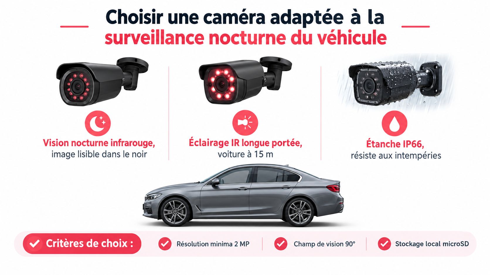 Trois caméras de surveillance extérieures avec vision infrarouge et étanchéité pour protéger un véhicule contre le vandalisme.