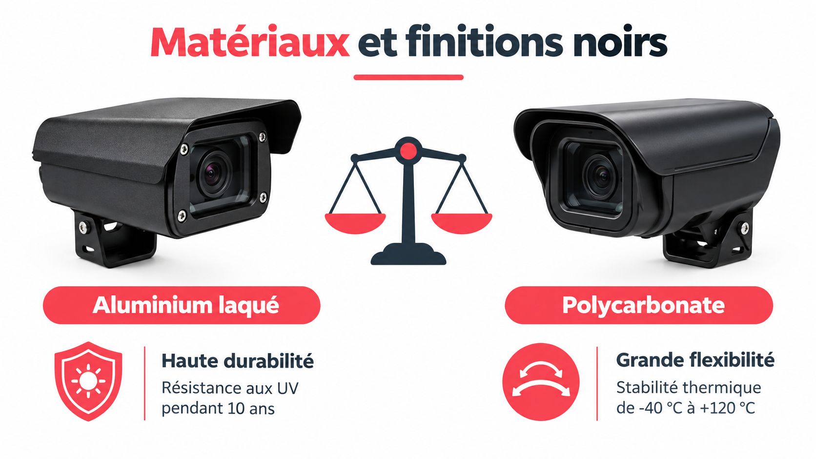 Comparaison entre deux caméras de surveillance extérieures de couleur noire, l'une en aluminium et l'autre en polycarbonate.