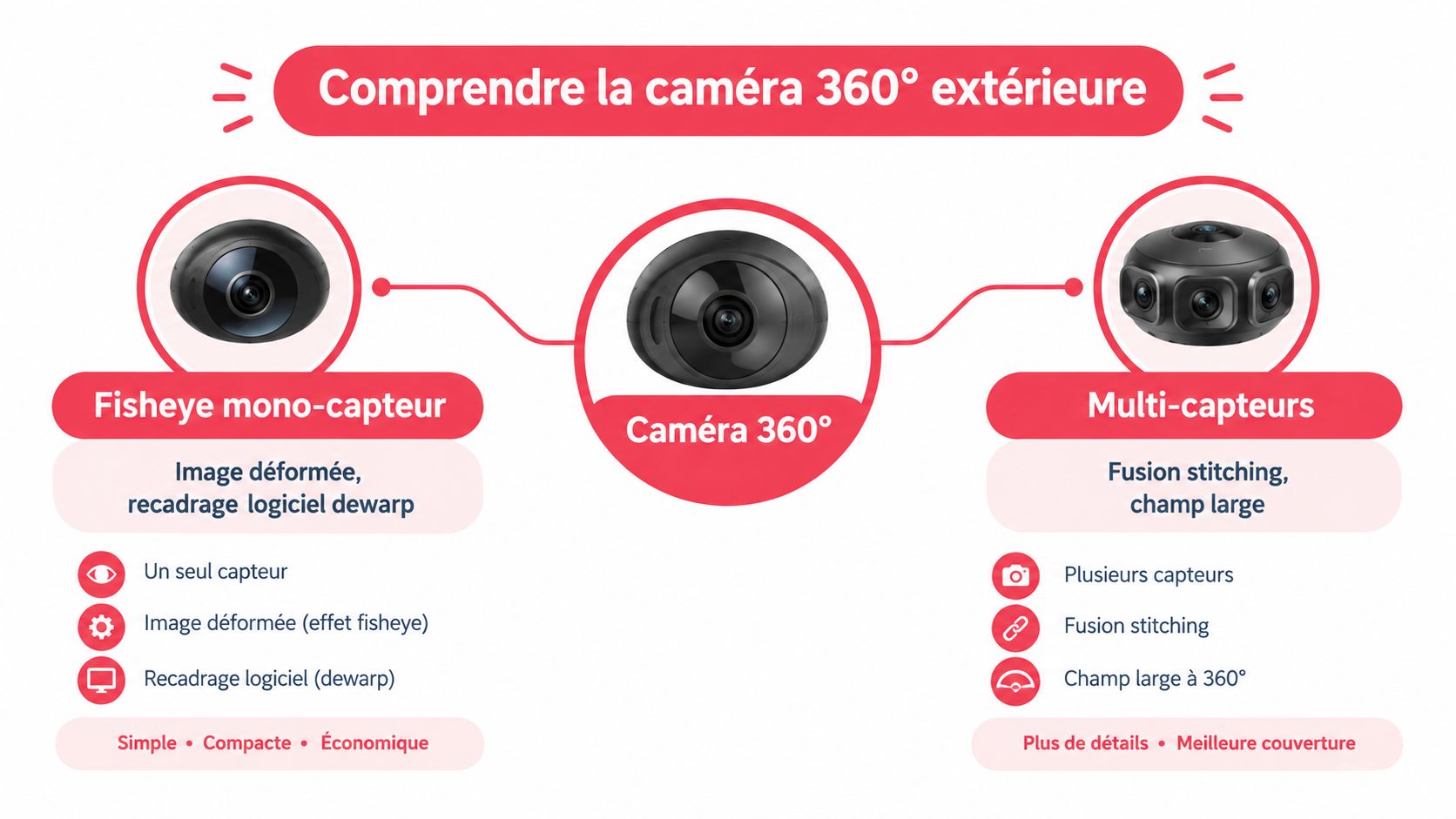 Comparaison entre caméra 360 à capteur unique et caméra multi-capteurs pour une surveillance extérieure efficace.