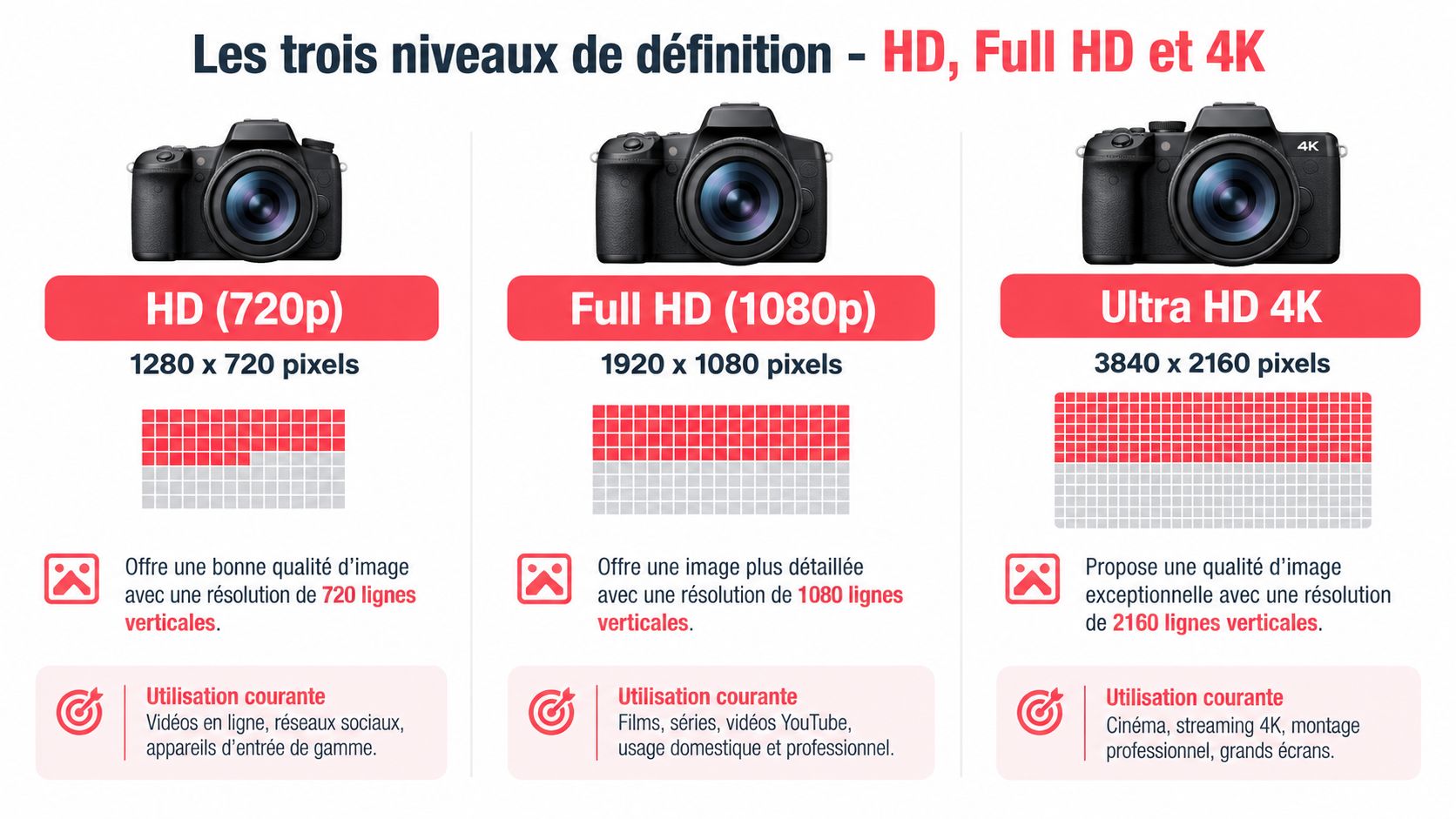 Une infographie comparant les trois niveaux de définition vidéo HD 720p, Full HD 1080p et Ultra HD 4K.