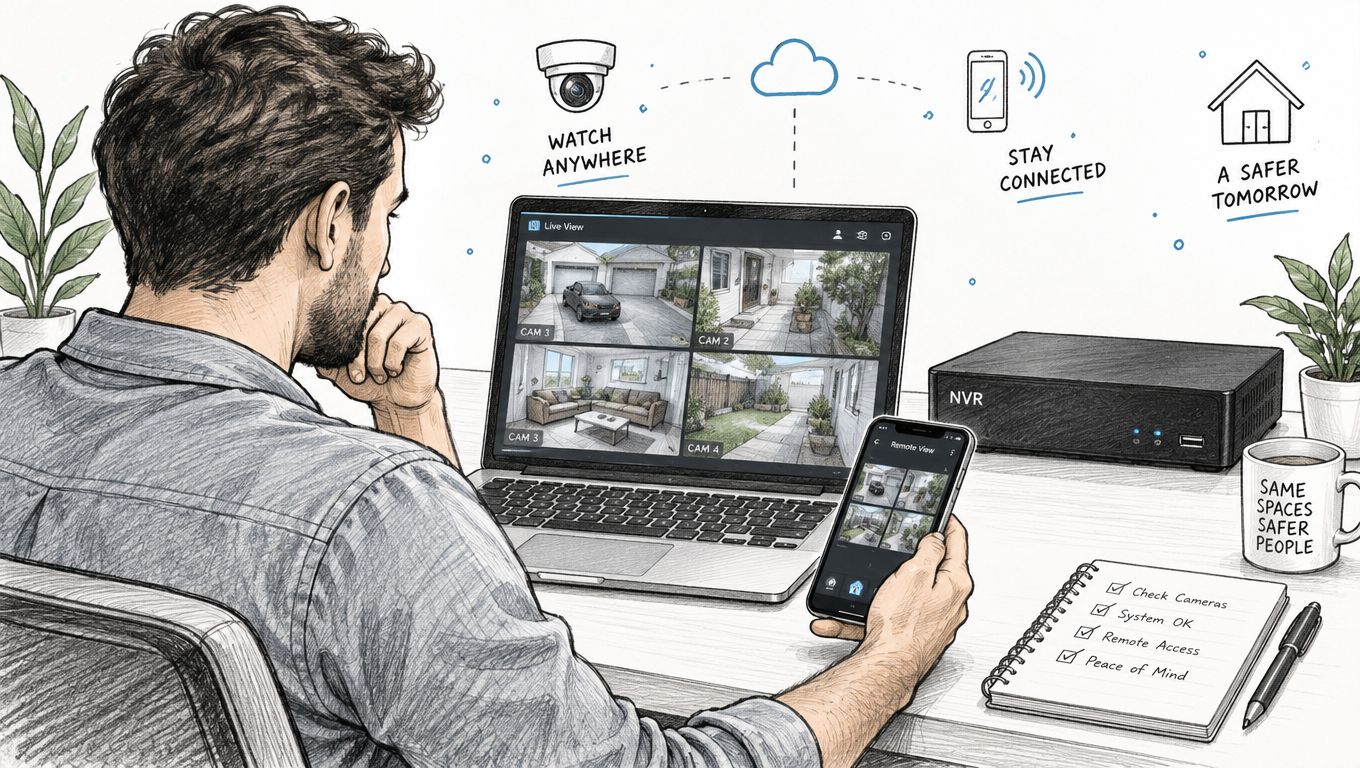 Un homme utilise un enregistreur numérique NVR pour surveiller ses caméras de sécurité sur ordinateur et mobile.