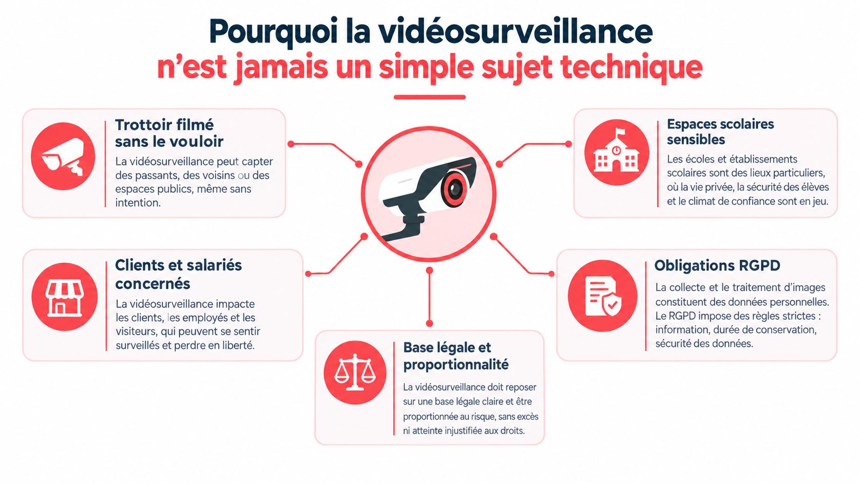 Infographie illustrant pourquoi la vidéosurveillance soulève des enjeux juridiques et éthiques majeurs au-delà de la technique.