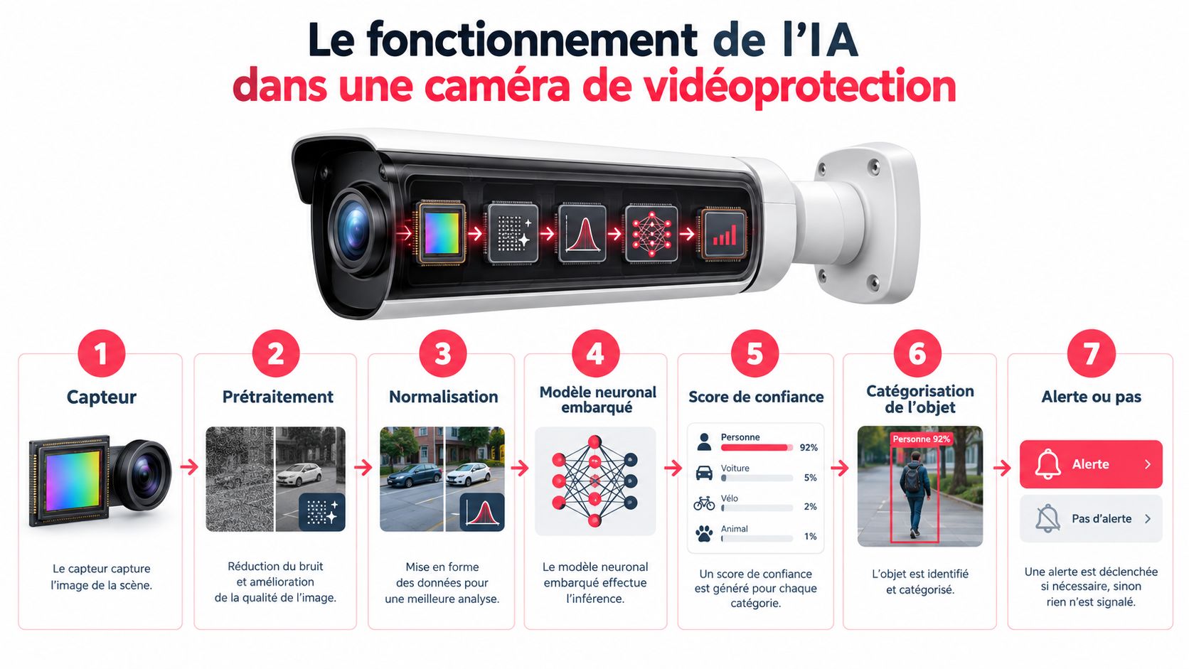 Schéma explicatif montrant les sept étapes du fonctionnement de l'intelligence artificielle dans une caméra de vidéosurveillance.