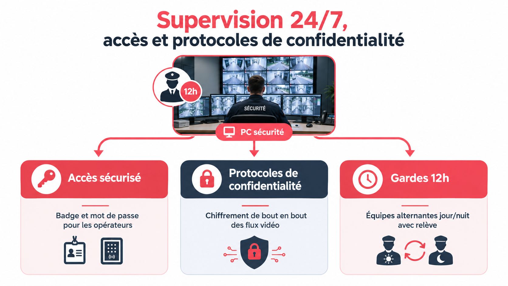 Infographie montrant la supervision 24/7, les accès sécurisés, les protocoles de confidentialité et les gardes de 12h.