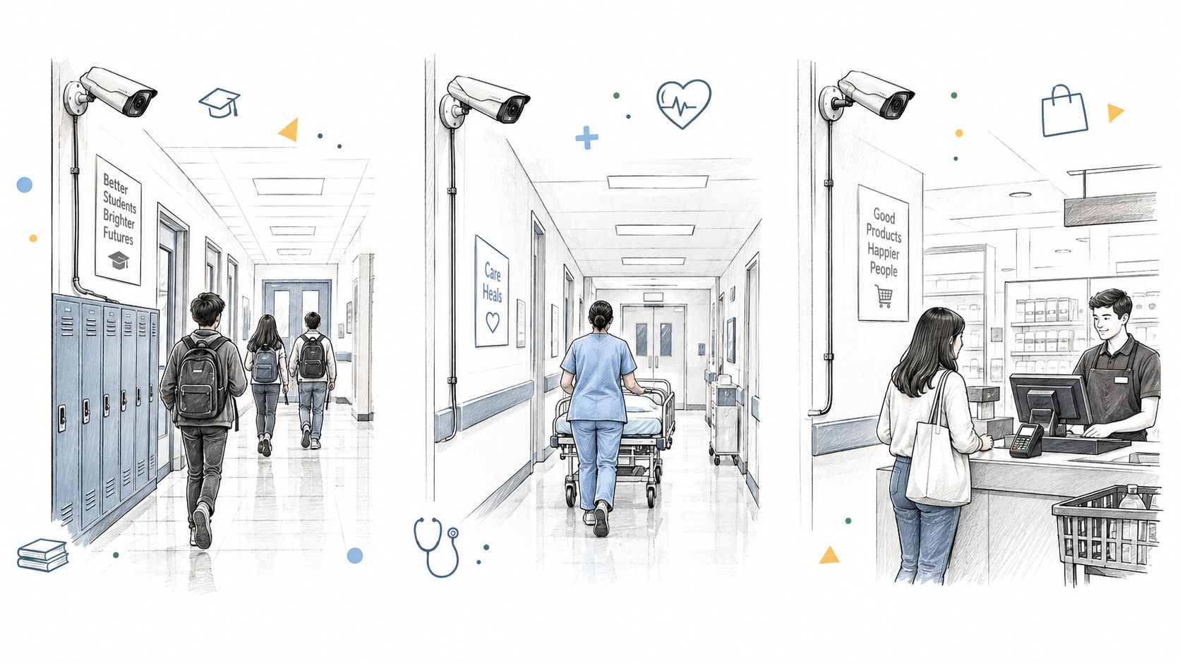 Trois scènes illustrées montrant l'utilisation de caméras de surveillance filaires dans une école, un hôpital et un magasin.