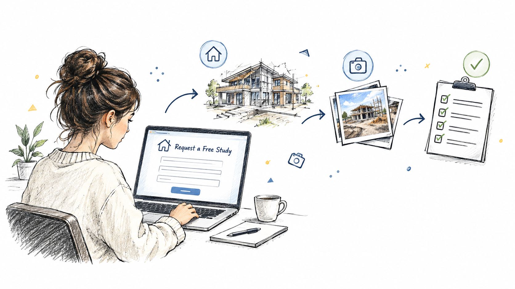 Une femme utilisant un ordinateur portable pour demander une étude gratuite pour un projet de construction immobilière.