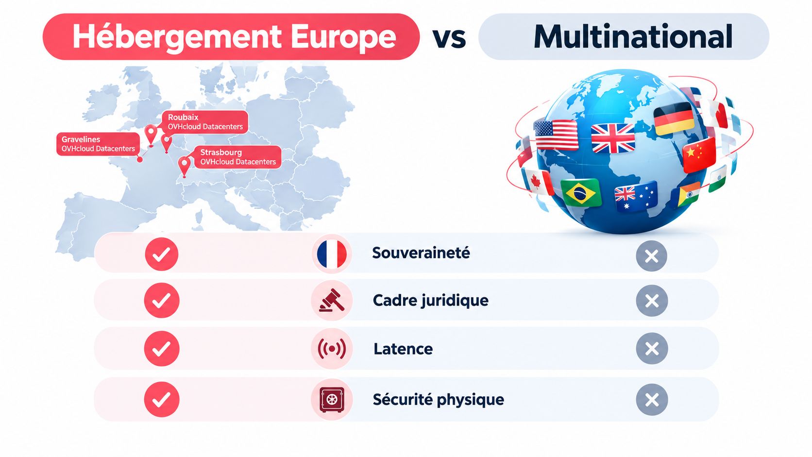 Comparaison entre l'hébergement de données en Europe et l'hébergement multinational incluant souveraineté, cadre juridique, latence et sécurité.