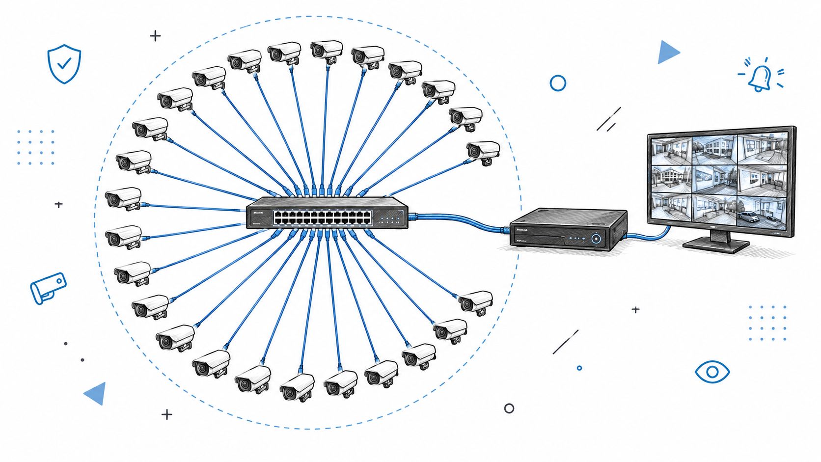 Un schéma illustrant un système de surveillance avec vingt-quatre caméras connectées via un commutateur PoE à un enregistreur.