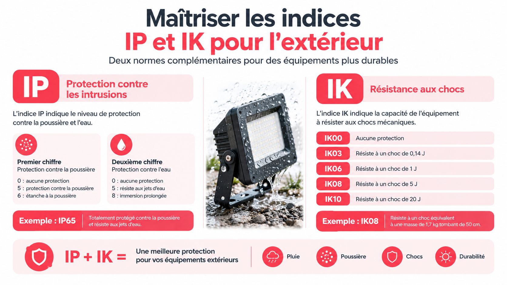 Infographie explicative sur la signification des indices IP et IK pour la protection des équipements électriques extérieurs.
