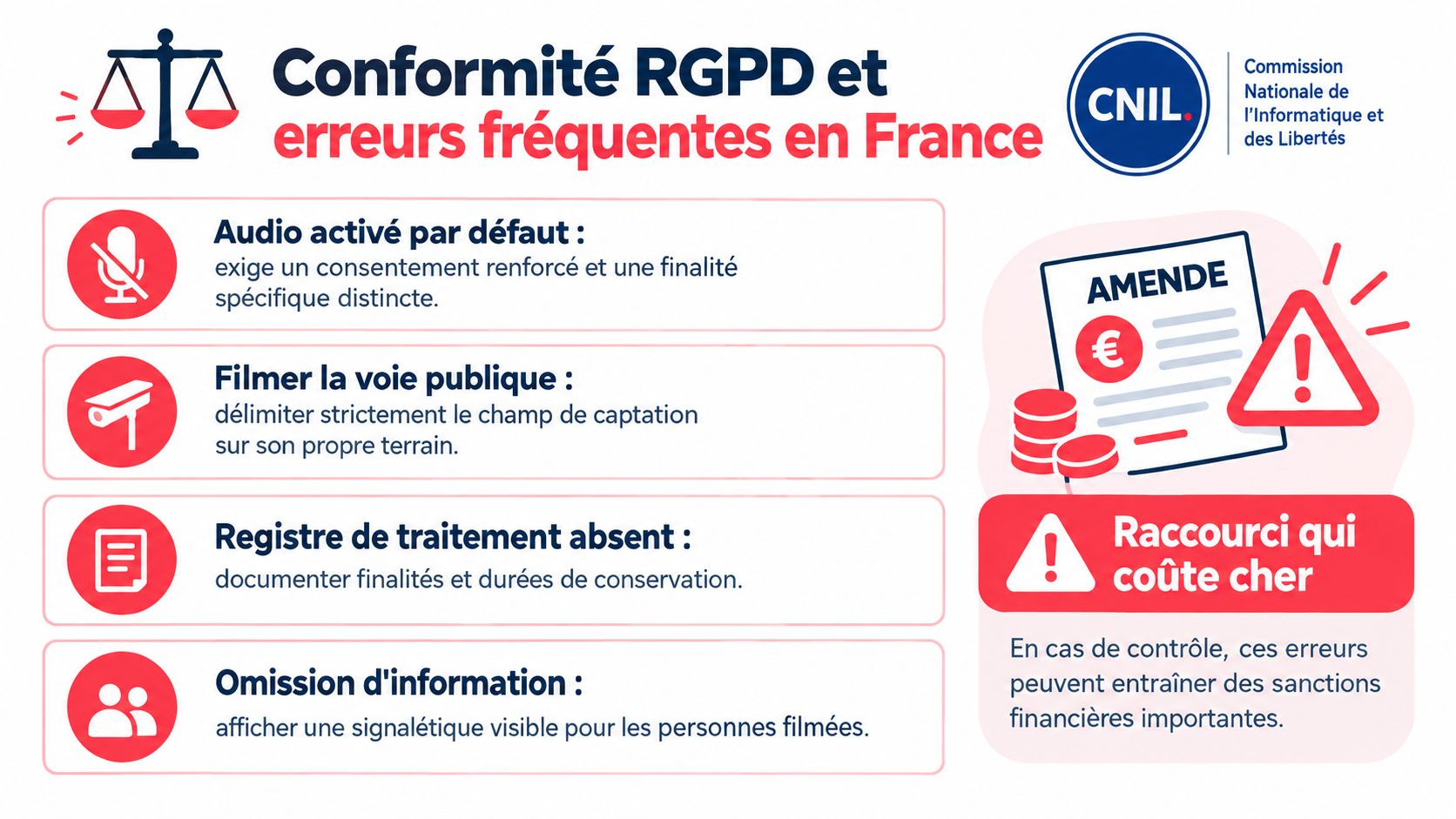 Infographie illustrant les erreurs courantes de conformité RGPD concernant la vidéosurveillance en France selon la CNIL.