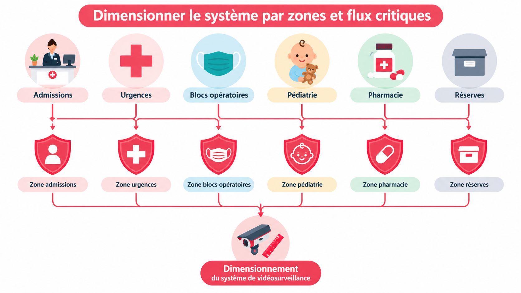 Schéma illustrant la dimensionnement d'un système de vidéosurveillance par zones et flux critiques dans un hôpital.